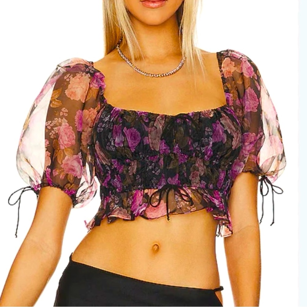 For Love & Lemons Floral Crop Top Puff Sleeve XXS (Stretch Back Runs Large) NWT